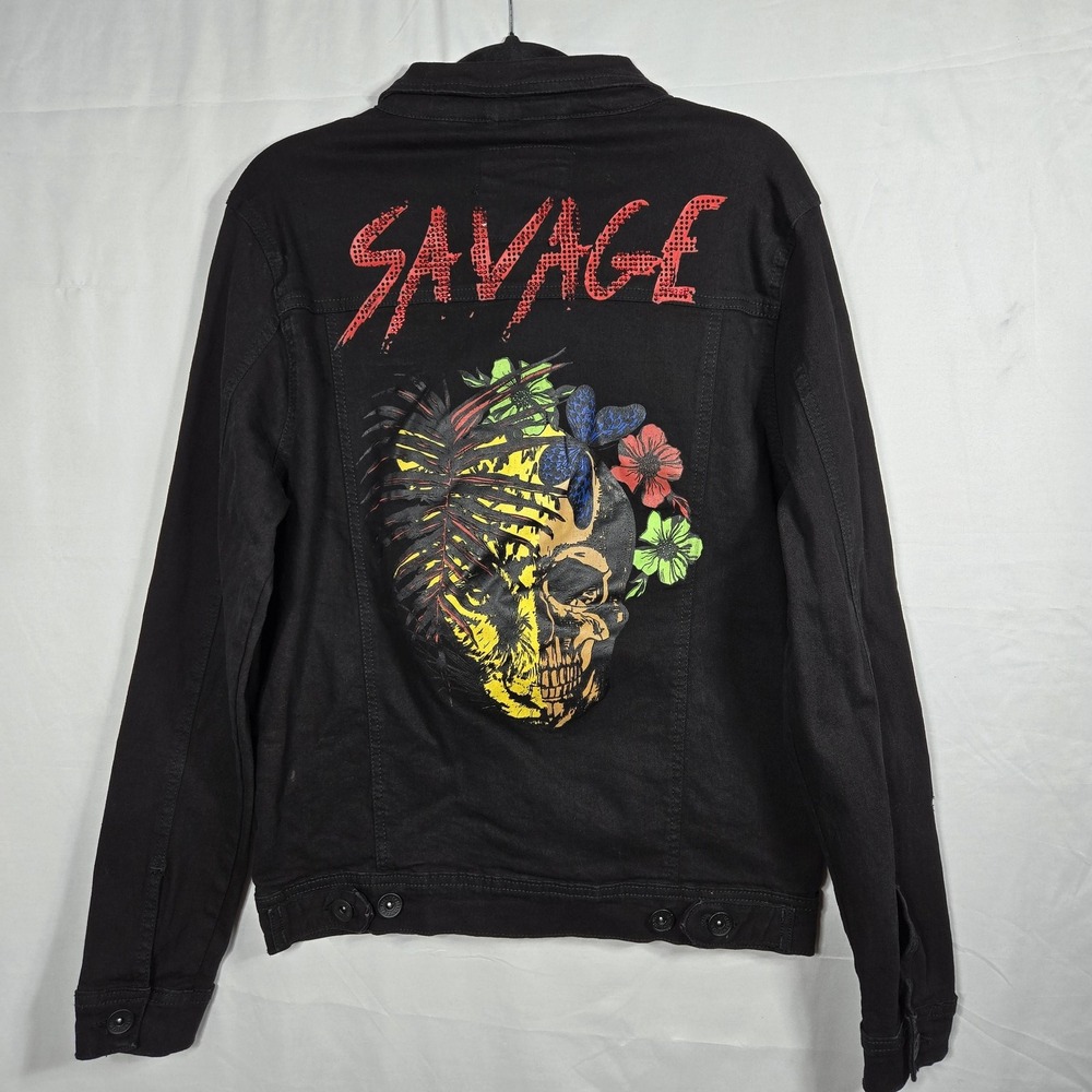 Black Pike Denim Jacket Mens Medium Black Savage Skull Graphic Rhinestone Street